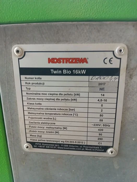 Piec na pellet KOSTRZEWA 16 kW 2017r 5 generacja z podajnikiem